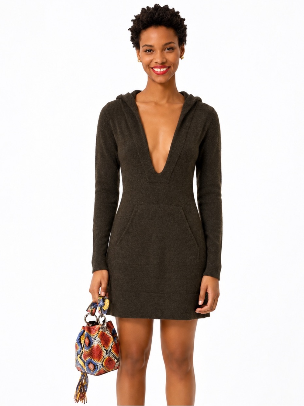 VINCE 100% Cashmere Hooded Mini Dress Dark Olive Khaki S Deep V Neck Y2K FLAWED